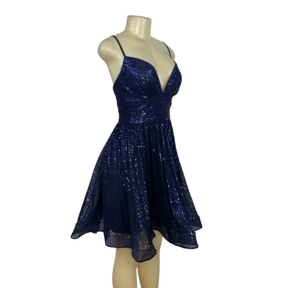 JJ’s House Navy Sequin Fit & Flare Cocktail Dress W/ Spaghetti Straps Sz 6 - New - Picture 2 of 10